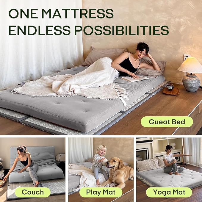 ZonLi Japanese Floor Futon Mattress Queen Size 80"x 60", 100% Cotton Cover 2.5'' Thicken Tatami Mattress, Foldable Sleeping Pad, Portable Dormitory Tatami Mat, Roll Up Floor Lounger Bed for Adult