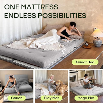 ZonLi Japanese Floor Futon Mattress King Size 76"x 80",100% Cotton Cover 4'' Thicken Tatami Mattress,Foldable Sleeping Pad,Portable Dormitory Tatami Mat(Light Grey)