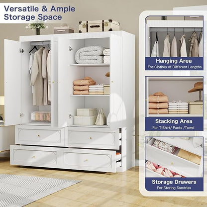Bedroom Armoire Wardrobe Closet: 63" White Wardrobe Closet with Drawers, Wooden Closets Cabinet for Hanging Clothes, Large Wardrobes Armoires with Doors and Shelves(White)