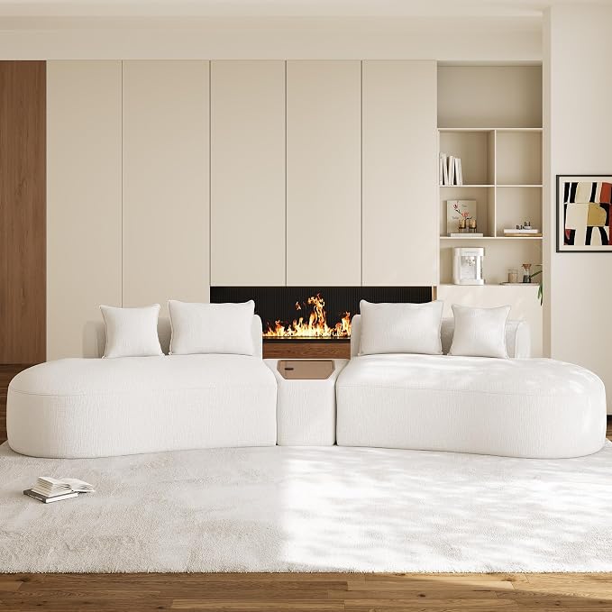 153.3" Oversized Curved Sectional Sofa, Luxury Chenille Cloud Couch for Living Room, Large Modern Modular Deep Seat Sofa with Movable Coffee Table & USB, No Assembly Needed, Beige White