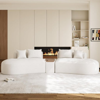 153.3" Oversized Curved Sectional Sofa, Luxury Chenille Cloud Couch for Living Room, Large Modern Modular Deep Seat Sofa with Movable Coffee Table & USB, No Assembly Needed, Beige White