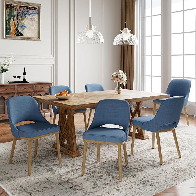 Modern Upholstered Dining Chairs Set of 6, Open Back with Solid Wood Legs, Ergonomic Curved Back Fabric Kitchen Chairs for Dining Room & Kitchen, Living Room Side Chairs, Farmhouse, Blue