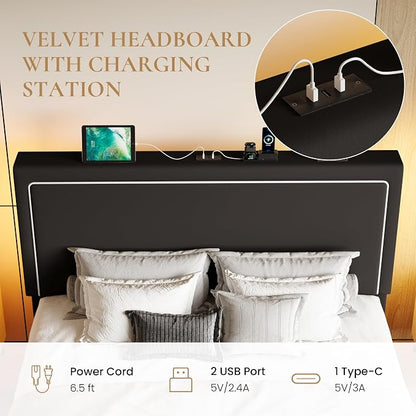 SHA CERLIN Full Size Hydraulic Lift-Up Storage Platform Bed Frame with Charging Station, RGB LED Lights, Adjustable Velvet Headboard, USB-A and USB-C Ports, No Box Spring Needed, Black