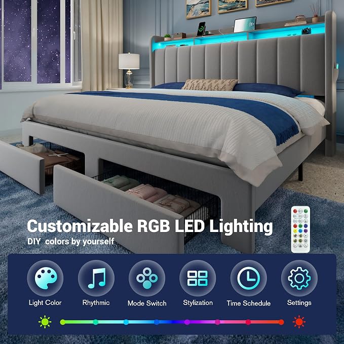 Allewie King Size Bed Frame with 2-Tier LED Storage Headboard, Velvet Upholstered King Platform Bed with 2 Storage Drawers, USB & Type-C Charging Ports, Noise-Free/No Box Spring Needed, Grey