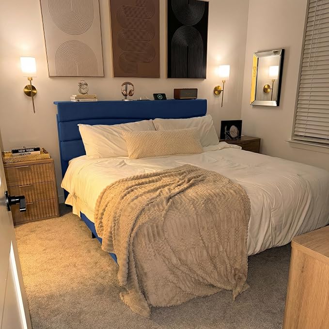 EnHomee Full Size Bed Frame with Adjustable Height Upholstered Headboard, 3 USB Charging Ports, Noise-Free Platform Bed, No Box Spring Needed,Navy Blue