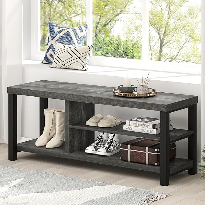 EXCEFUR Industrial Entryway Bench, Rustic Indoor Shoe Boot Storage Bench Seat for Living Room, Grey