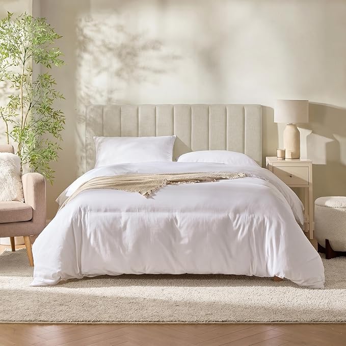 Hearth & Harbor Wall Mounted Full Headboard Only, Bed Headboard Full Size | Easy Assemble, Floating Peel and Stick, Upholstered, Channel Stitched, 3D Wall Panels, 5 Strips of 3M Tape Included, Linen