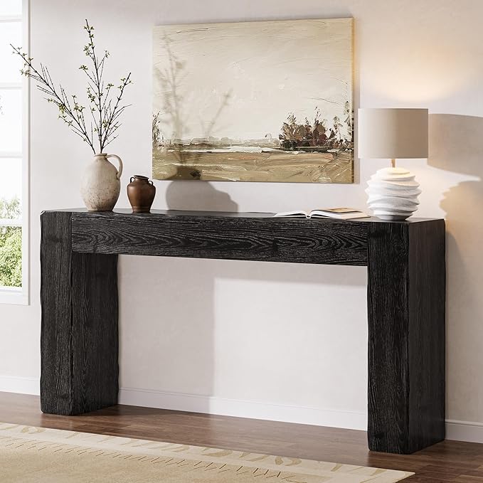 Solid Wood Console Table, 63-Inch Farmhouse Sofa Table Behind Couch for Entryway, Living Room, Foyer, Easy Assembly (Black)