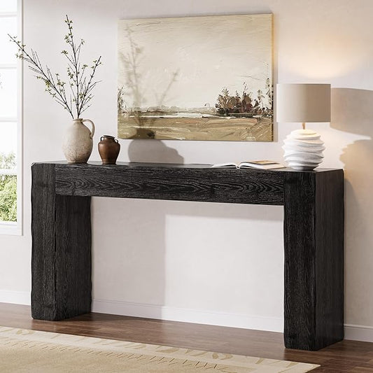 Solid Wood Console Table, 63-Inch Farmhouse Sofa Table Behind Couch for Entryway, Living Room, Foyer, Easy Assembly (Black)