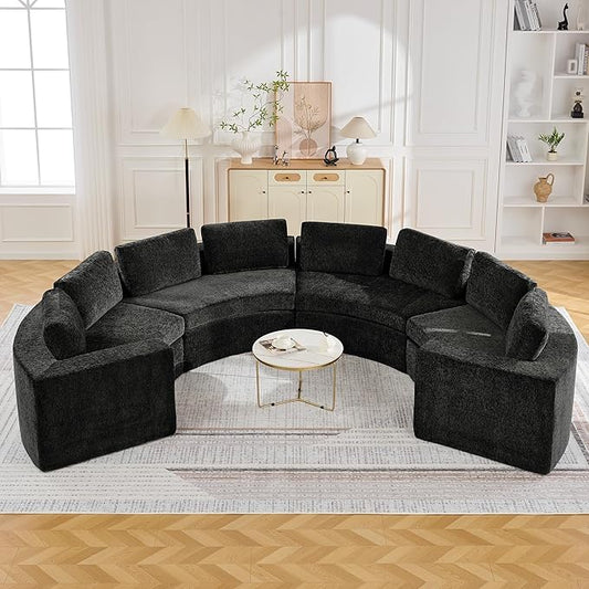 WUTUTUEE 142'' Curved Round Boneless Couch, Oversized Half Moon Sofa with Deep Seat & Arms, Chenille Modular Sectional Sofa with Pillows, Upholstered Comfy 8 Seat Couch for Living Room, Black