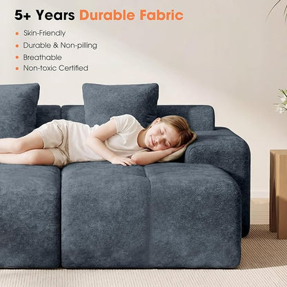 83.5" Boneless Loveseat with 2 Ottoman, Cloud Comfy Sofa Bed, Modular Sofa for Living Room, Apartment, Bedroom, Hotel, No Assembly Required (Blue)