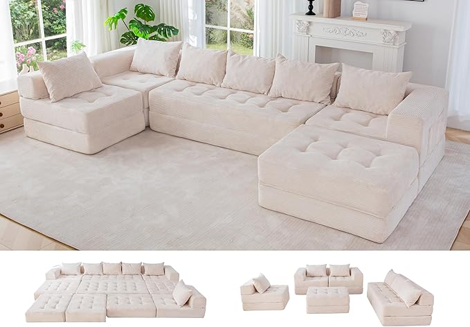 MAXYOYO Modular Sectional Sofa Couch, Foldable U Shaped Cloud Couch with Pillows, Tufted 7-Seat Boneless Lounger Floor Sofa Bed for Living Room, No Assembly Required, Beige