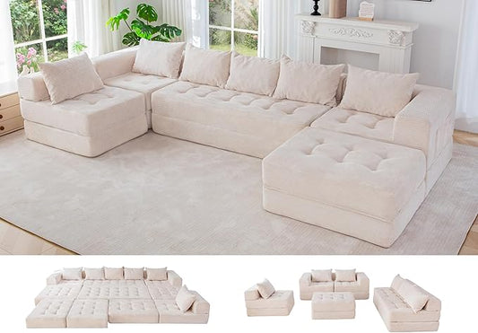 MAXYOYO Modular Sectional Sofa Couch, Foldable U Shaped Cloud Couch with Pillows, Tufted 7-Seat Boneless Lounger Floor Sofa Bed for Living Room, No Assembly Required, Beige
