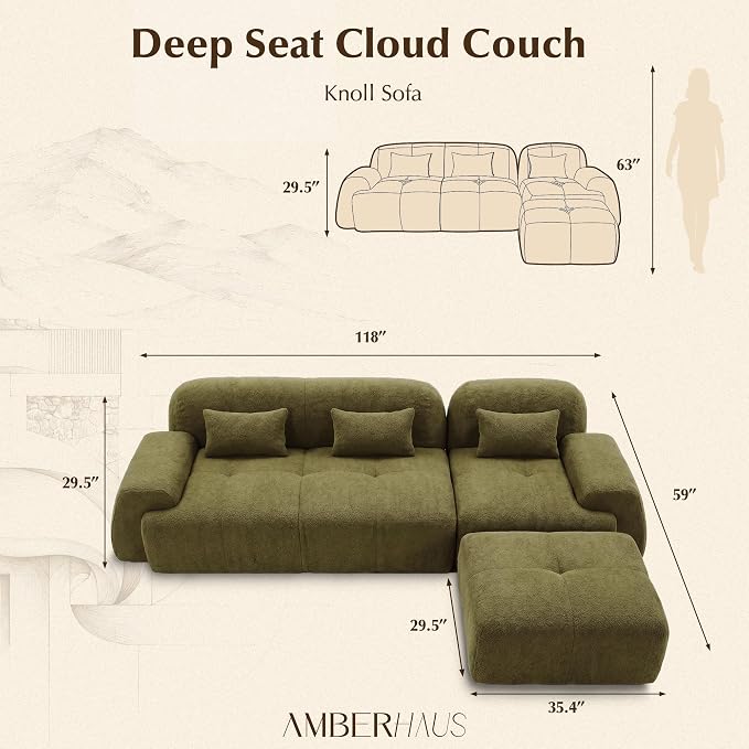 118'' Modular Sectional Cloud Couch Boneless Couches, Oversize Curved Sectional Couches for Living Room, Deep Seat Couch Lambswool Sofa with Ottoman & Throw Pillows, No Assembly, HR Foam