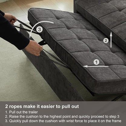 Tbfit 57" Convertible Sofa Bed, Chenille Futon Sleeper Sofa Couch with Pullout Bed, USB & Adjustable Backrest, Full Size Pull Out Loveseat Couches for Living Room, Apartment, Office, Dorm, Dark Grey