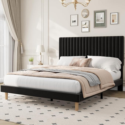 IDEALHOUSE Full Size Bed Frame with Adjustable Headboard, Velvet Upholstered Platform Full Bed Frame, Vertical Channel Tufted, Strong Wooden Slats, No Box Spring Needed, Easy Assembly, Black