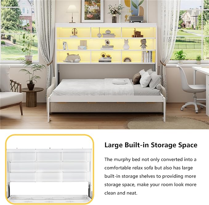 Queen Horizontal Murphy Bed with Sofa and Storage Shelves,LED Light,Solid Wood Space Saving Hideaway Murphy Wall Bed with Couch and Storage for Adults (Beige,Queen)