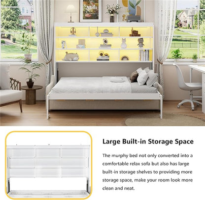 Queen Horizontal Murphy Bed with Sofa and Storage Shelves,LED Light,Solid Wood Space Saving Hideaway Murphy Wall Bed with Couch and Storage for Adults (Beige,Queen)