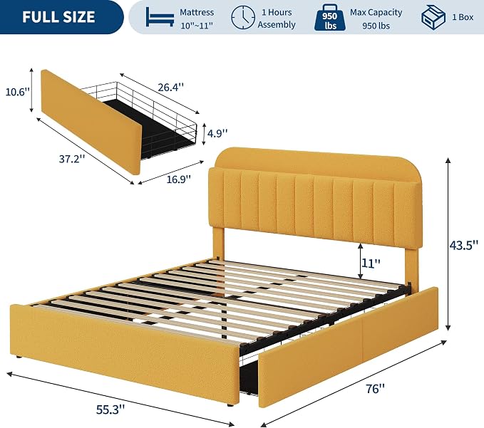 IDEALHOUSE Full Bed Frame with 2 Flexible Drawers and Bookcase Headboard, Boucle Upholstered Platform Bed for Boys, Noise-Free, Easy Assembly, No Box Spring Needed, Yellow
