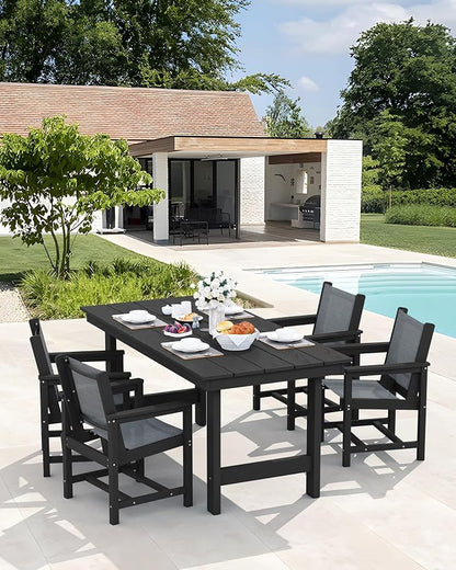 SERWALL 5 Piece Patio Dining Sets, Outdoor HDPE Dining Furniture Set with Umbrella Hole Cut-Out Table and 4 Woven Chairs, Black