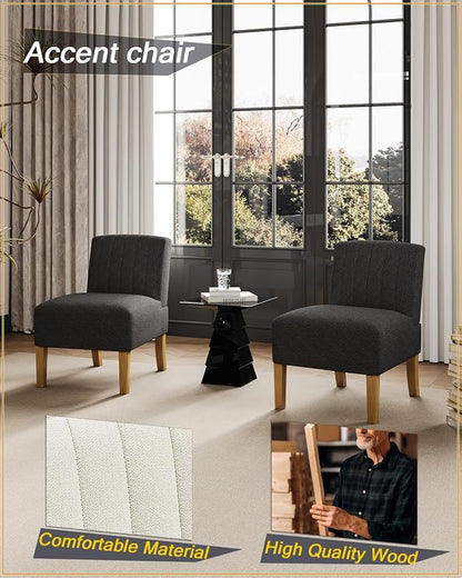 VIRRMO Armless Accent Chairs for Living Room, Modern Slipper Chair Living Room Chairs with Solid Wood Legs, Makeup Vanity Chair Fabric Comfy Upholstered Arm Chair Accent Chair Side Chair,Black