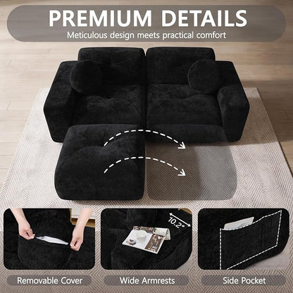 82" Modular Sectional Cloud Couch, L Shaped Sofa Boneless Couches with Movable Ottoman, 2 Deep Seat Modern Comfy Velvet Sofa for Living Room, Bedroom, Apartment (Black)