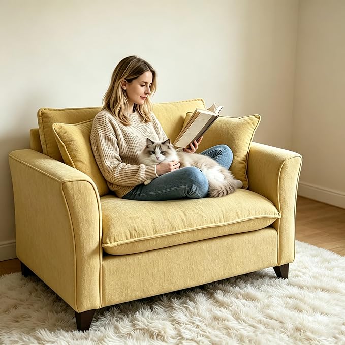 ERYE 46.9" Chenille Upholstered Accent Chair Wide Seat for Living Room Bedroom, Modern Leisure Cushion Armchair W/ 2 Pillows and Removable Cover for Home Apartment Office