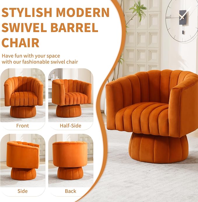 Swivel Accent Barrel Chair, Cute Comfy Small Round 360° Arm Chair, Velvet Sofa Club Reading Chair for Living Room, Bedroom, Office, Orange