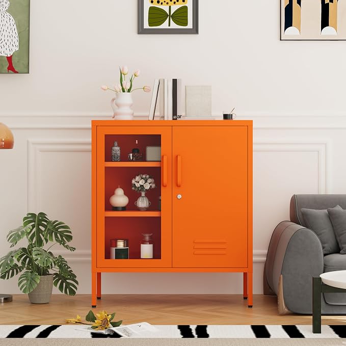 Metal Cabinet Metal Bathroom Storage Cabinet Metal Storage Cabinets with Glass Door and Adjustable Shelves Cabinet Storage for Coffee Bar for Homes, Living Rooms and Offices Orange 33''H