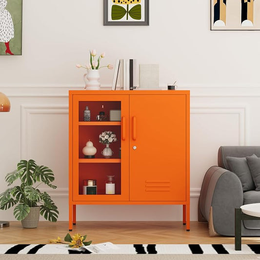 Metal Cabinet Metal Bathroom Storage Cabinet Metal Storage Cabinets with Glass Door and Adjustable Shelves Cabinet Storage for Coffee Bar for Homes, Living Rooms and Offices Orange 33''H