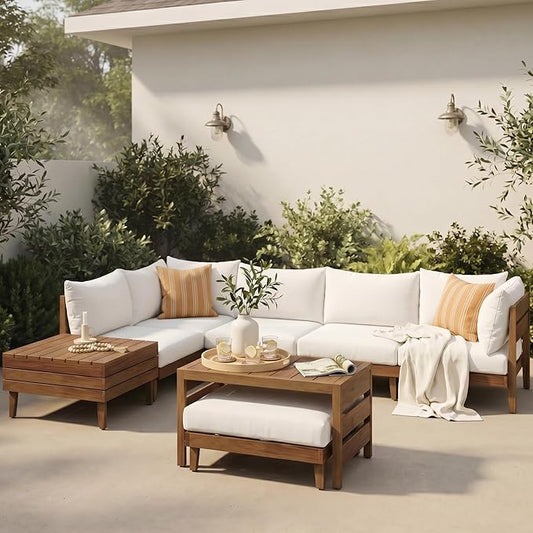 VilroCaz 8-Piece Acacia Wood Outdoor Patio Sofa Set, Modular Sectional Furniture Set with Storage Tea Table, Coffee Table, All-Weather Conversation Set with Cushions for Backyard Poolside