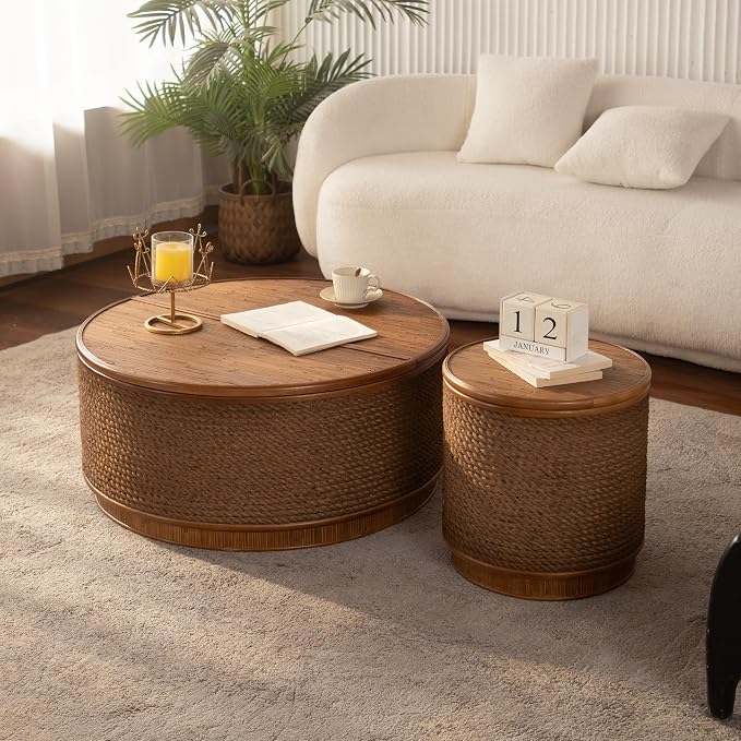 Round Rattan Coffee Table Set of 2 with Lift-Off Lid Storage, Boho-Chic End Table with Hand-Woven Hemp Rope Trim for Living Rooms, Compact Spaces