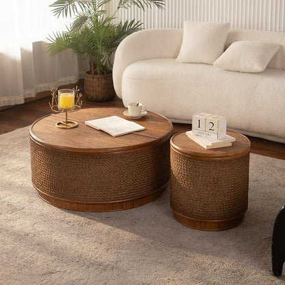Round Rattan Coffee Table Set of 2 with Lift-Off Lid Storage, Boho-Chic End Table with Hand-Woven Hemp Rope Trim for Living Rooms, Compact Spaces
