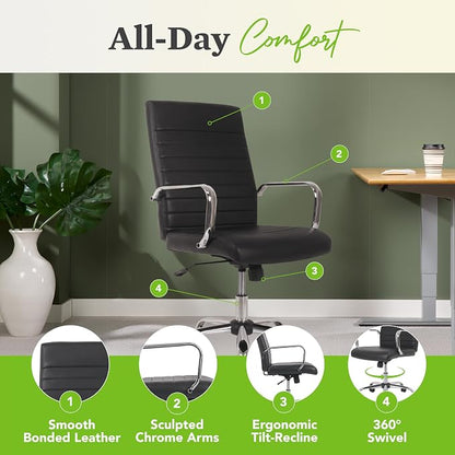 HON Sadie Executive Ergonomic Office Chair with Leather Upholstery, Chrome Arms and Back Support, Mid Back Desk and Computer Chair for Home Office or Conference Room, 360 Swivel, Black