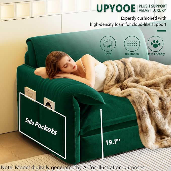 63.8" Sofa Bed Queen Size, Pull Out Couch Bed, 3-in-1 Convertible Sleeper Sofa with Side Pocket, Modern Velvet Futon Couch for Living Room, Small Space, Apartment, Bedroom, Green