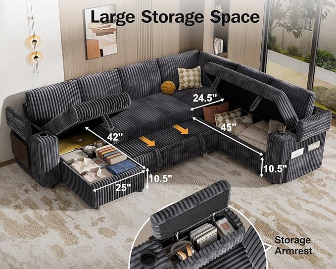 Vipbear 111" Modular Sectional Sleeper Sofa with Pull Out Bed, 7 Seat Plush Corduroy L Shaped Couch with Storage Chaise|USB Ports|Cup Holders|Side Table|Storage Armrests, Tool Free Assembly, Grey