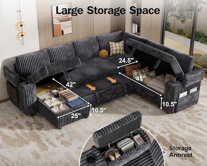 WEUP 111" Modular Sectional Sleeper Sofa with Pull Out Bed, 7 Seat Plush Corduroy L Shaped Couch with Storage Chaise|USB Ports|Cup Holders|Side Table|Storage Armrests, Tool Free Assembly, Grey