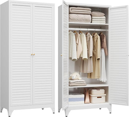 SteeLoong 71" Metal Wardrobe Cabinet with Hanging Rod, Armoire Wardrobe Closet with Doors and Adjustable Shelves, Whiet Clothing Storage Cabinets for Bedroom Office,School,Hospital