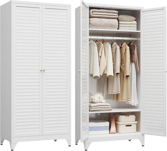 SteeLoong 71" Metal Wardrobe Cabinet with Hanging Rod, Armoire Wardrobe Closet with Doors and Adjustable Shelves, Whiet Clothing Storage Cabinets for Bedroom Office,School,Hospital