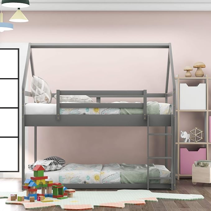 Merax Wood Montessori Bunk Bed with Ladder Twin Over Twin, Low Bunk Bed for Boys, Girls Space-Saving,No Box Spring Needed Gray