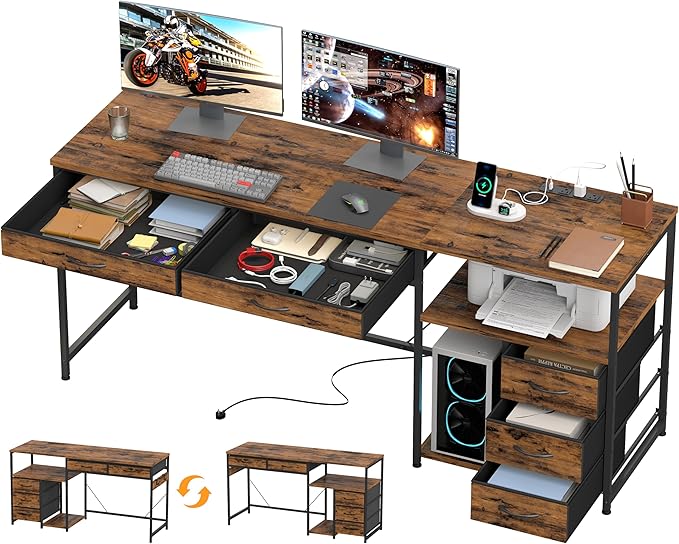 YOSHOOT 60" Computer Desk with 5 Fabric Drawers, Gaming Desk Table | Desk with Storage and Power Outlets, for Adults and Teenagers Working Writing Study, Rustic Brown