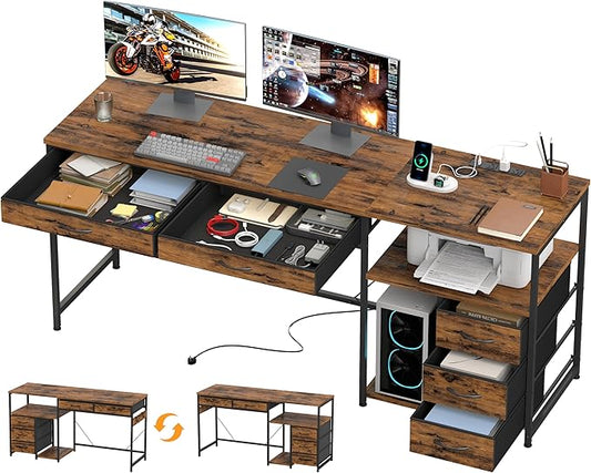 YOSHOOT 60" Computer Desk with 5 Fabric Drawers, Gaming Desk Table | Desk with Storage and Power Outlets, for Adults and Teenagers Working Writing Study, Rustic Brown