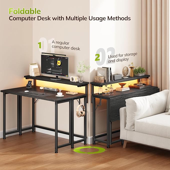 DurayLoly Folding Table with RGB Light for Small Space, 39.4" Folding Computer Desk for Space Saving Sofa Table for Couch, Home Work Office Desk with Monitor Stand, Easy to Fold with Hooks,Black