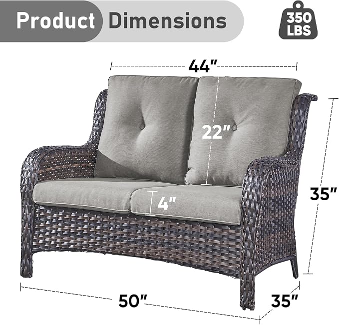 Outdoor Loveseat Sofa-2 Seater Rattan Wicker Patio Couch High Back Patio Sofa for Porch Deck Backyard-Brown/Grey