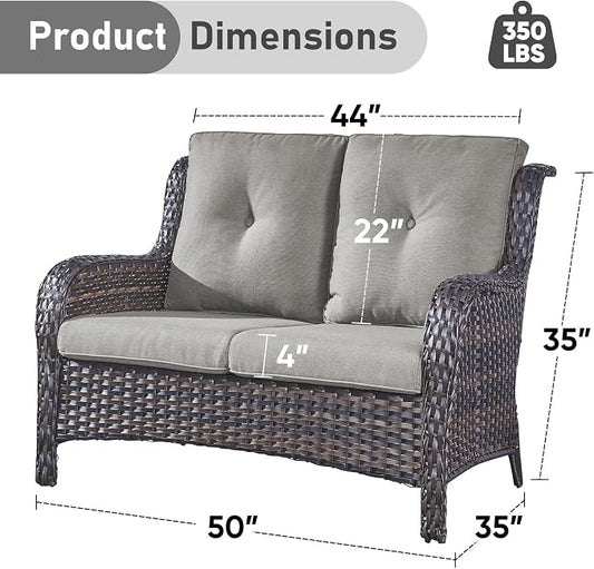 Outdoor Loveseat Sofa-2 Seater Rattan Wicker Patio Couch High Back Patio Sofa for Porch Deck Backyard-Brown/Grey