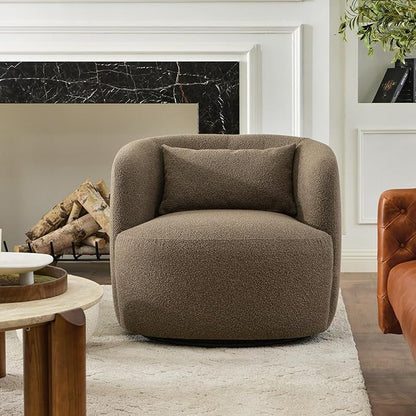 KINWELL 34" Wide Sherpa Swivel Barrel Chair, No Assembly Round Boucle Upholstered Accent Chair Armchair Single Sofa Chair with Toss Pillow for Living Room and Bedroom, Teddy Brown