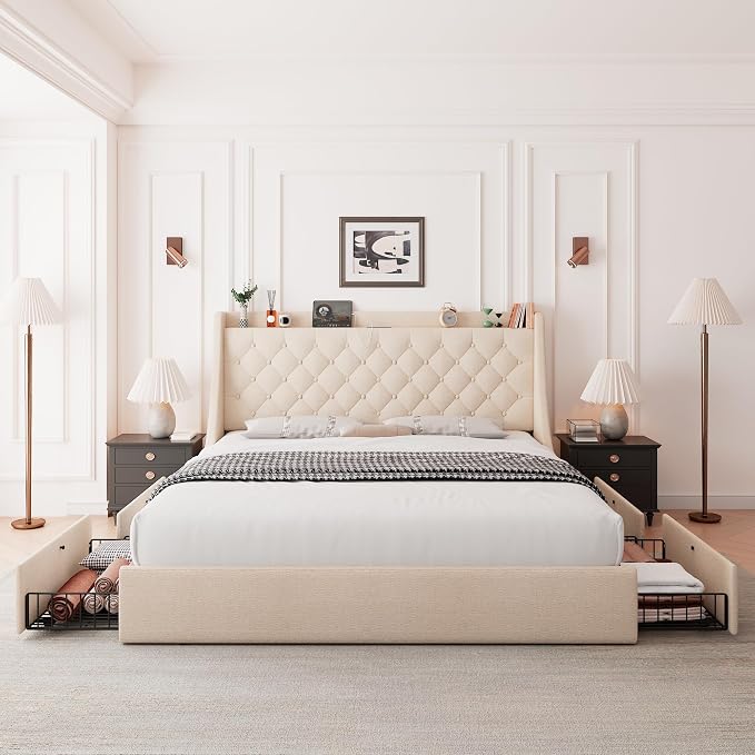 Feonase King Size Bed Frame with 4 Storage Drawers, Upholstered Storage Bed with Charging Station, Tufted Wingback Headboard, No Box Spring Needed, Beige