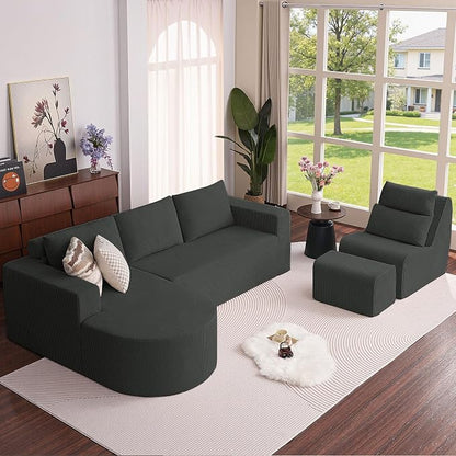 104.92" L-Shaped Corduroy 3 Piece Sofa Set with Single Lounge Chair & Ottoman, Modular Compressed All Foam Couch, Freely Movable Footrest, Minimalist Large Living Room Furniture