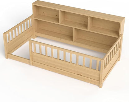 Bellemave Kids Montessori Floor Bed Twin Size,Floor Bed Frame with Bookcase and Fence for Kids Boys Girls,Natural