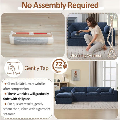 146''Cloud Boneless Sectional Couch, Modular Sectional Sofa Deep Seat with Ottoman, Oversized Upholstered Convertible Comfy 5 Seater Chenille Sofa L Shape Couches for Living Room, Navy